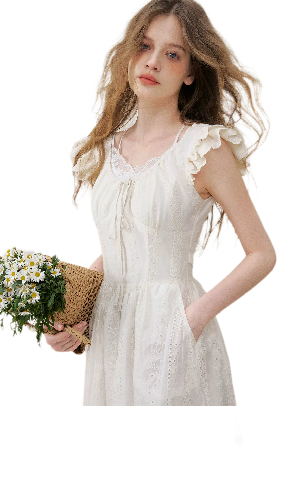 Embroidered Flutter Sleeve Dress