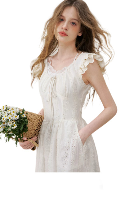 Embroidered Flutter Sleeve Dress