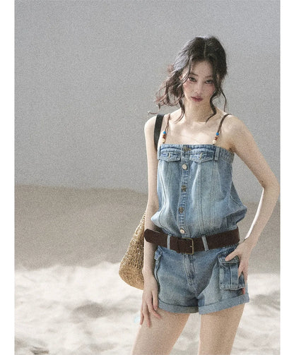 Washed Denim Jumpsuit Shorts