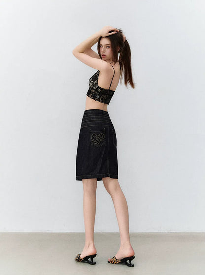 Retro Denim Blue Studded Straight Skirt