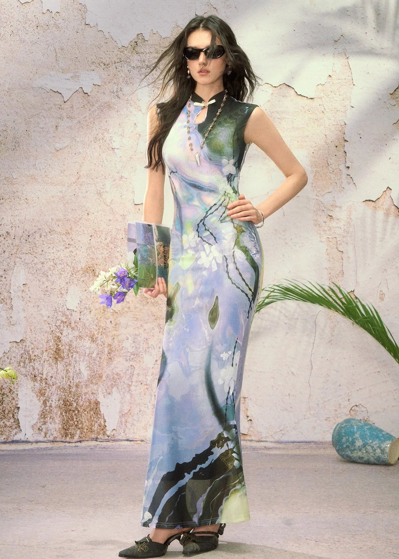 Black Rose Impressionist Print High-Waist Mermaid Dress