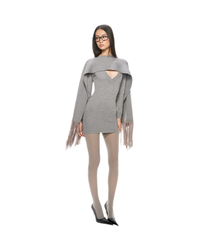 Deep V Fringe Knit Dress