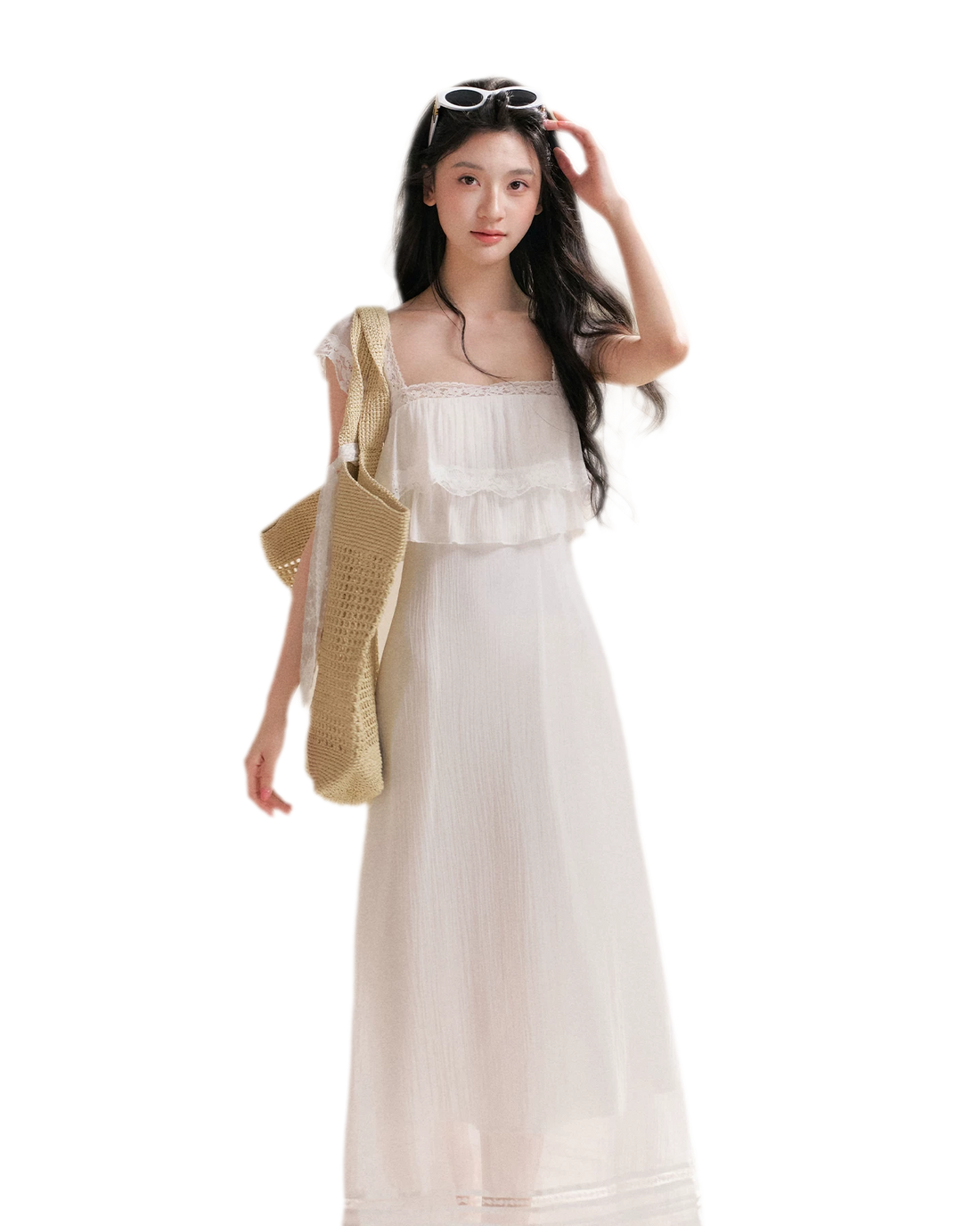 Lace Ruffle Waist Long Dress