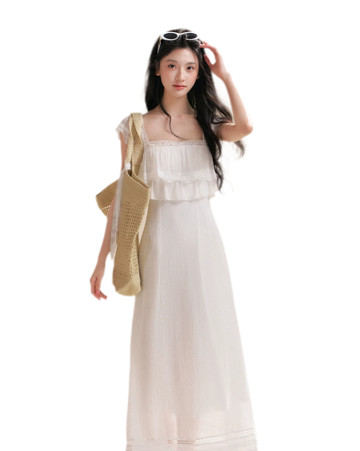 Lace Ruffle Waist Long Dress