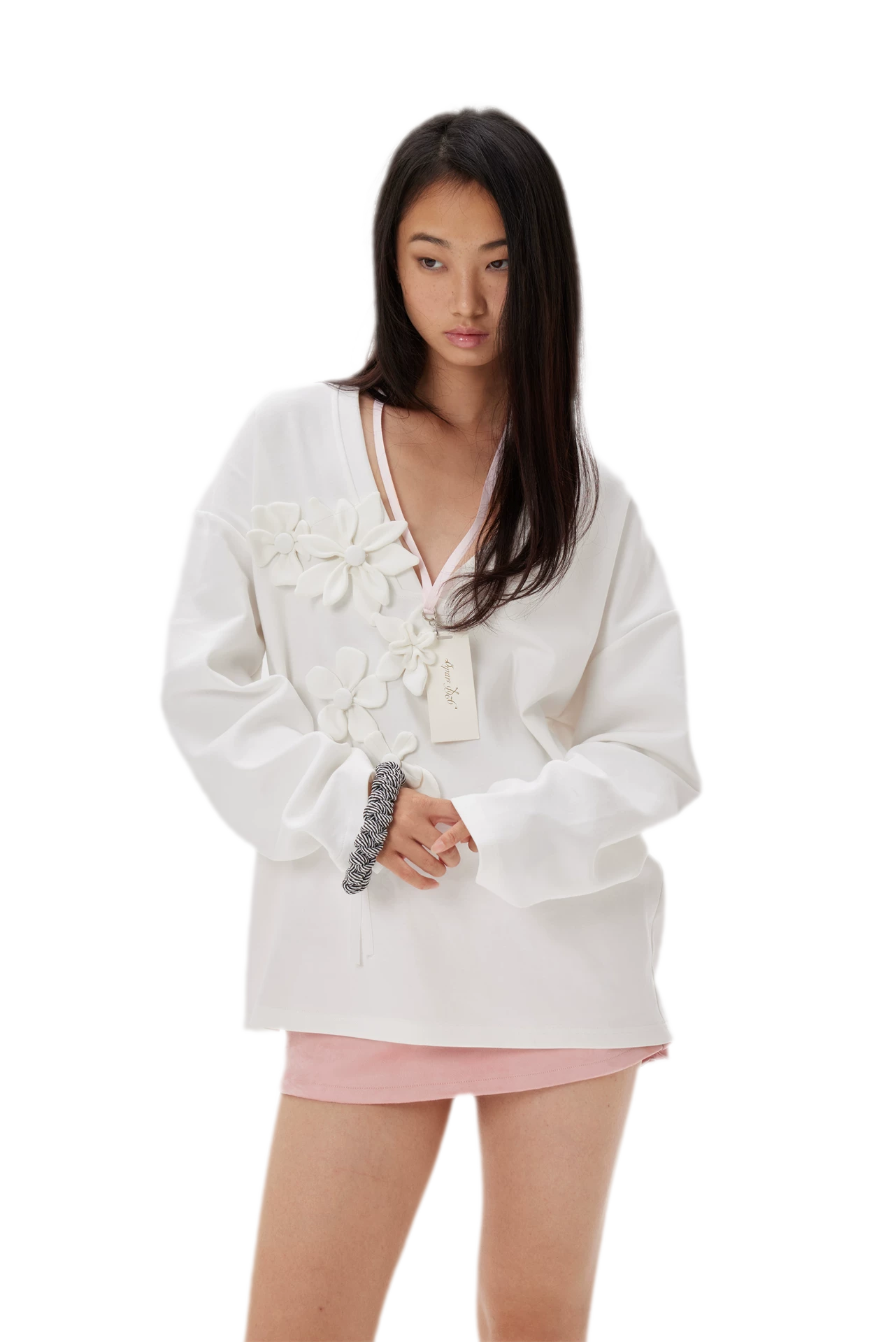 Handmade Flower Appliqué V-Neck Sweatshirt
