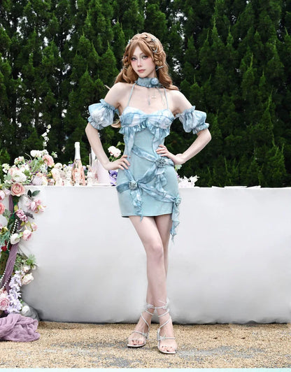 Rose Jacquard Halter Mini Dress