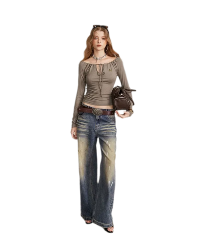 Drawstring Off-Shoulder Long-Sleeve Top