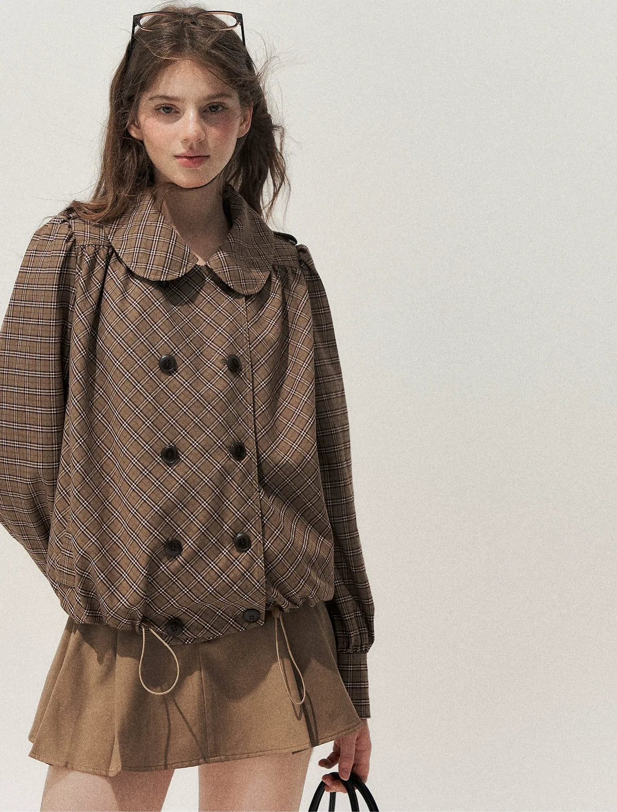 Conjunto de abrigo de cuadros con cuello Peter Pan