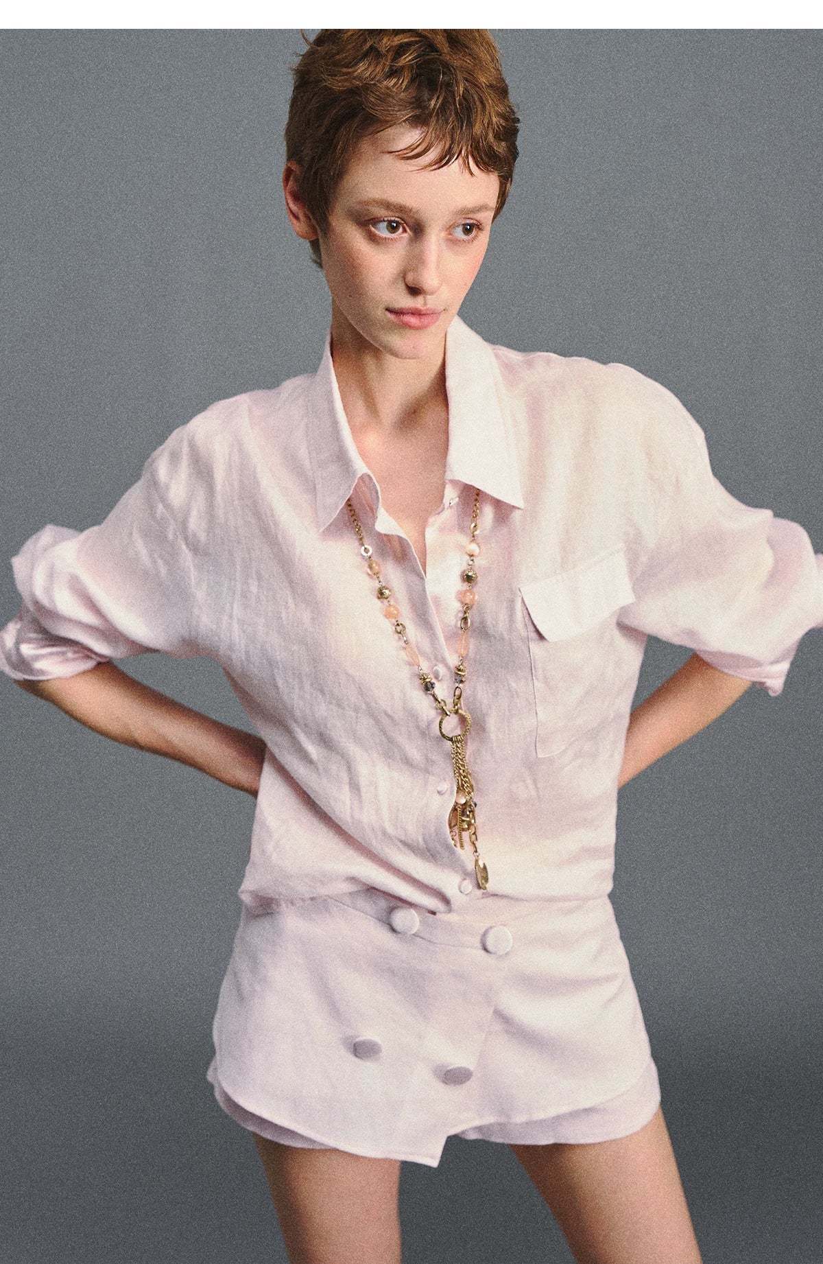 Linen Satin Waist-Cinched Shirt &amp; Skirt Set