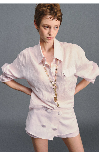 Linen Satin Waist-Cinched Shirt &amp; Skirt Set