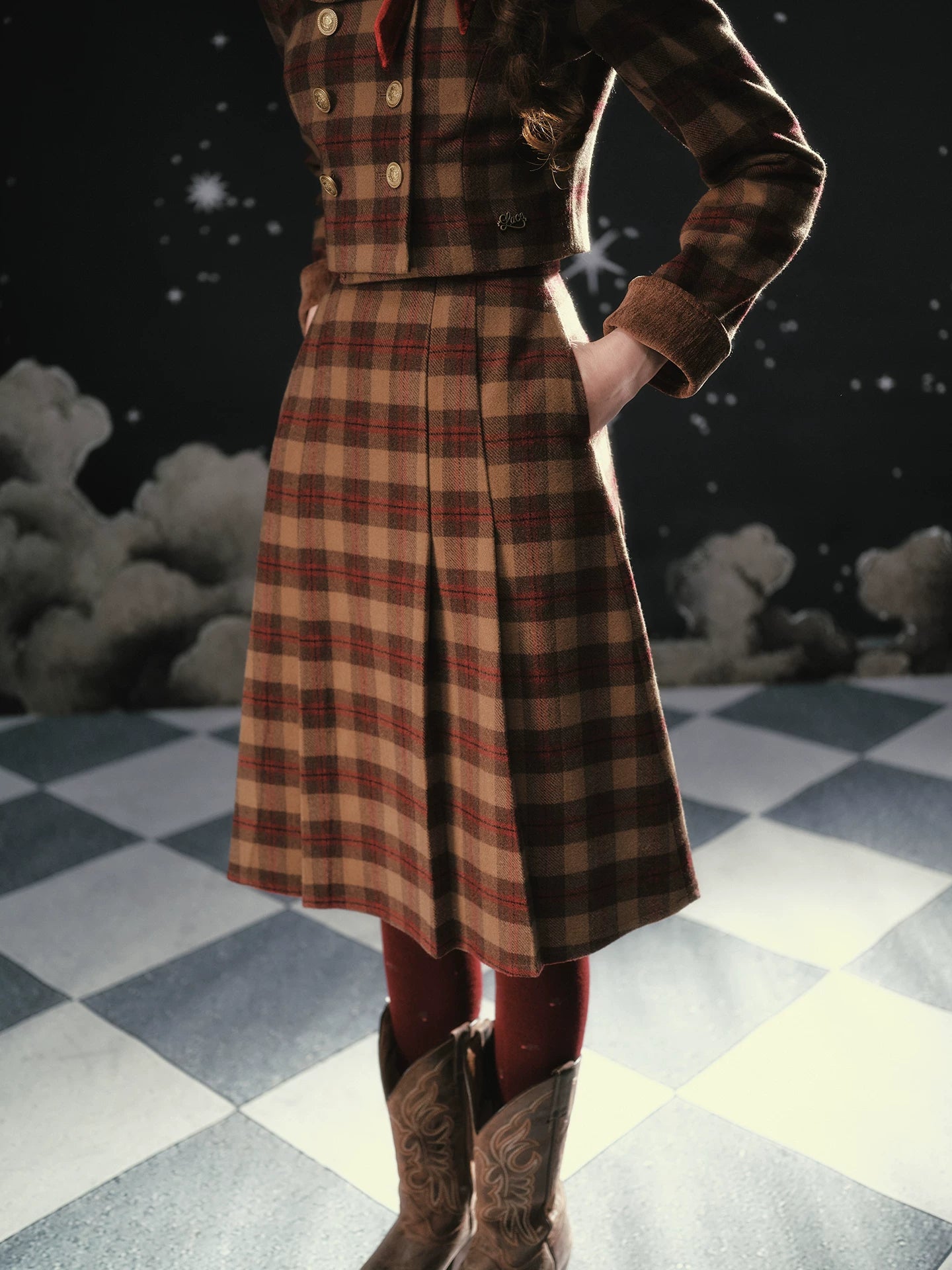 纹理格纹短款夹克套装