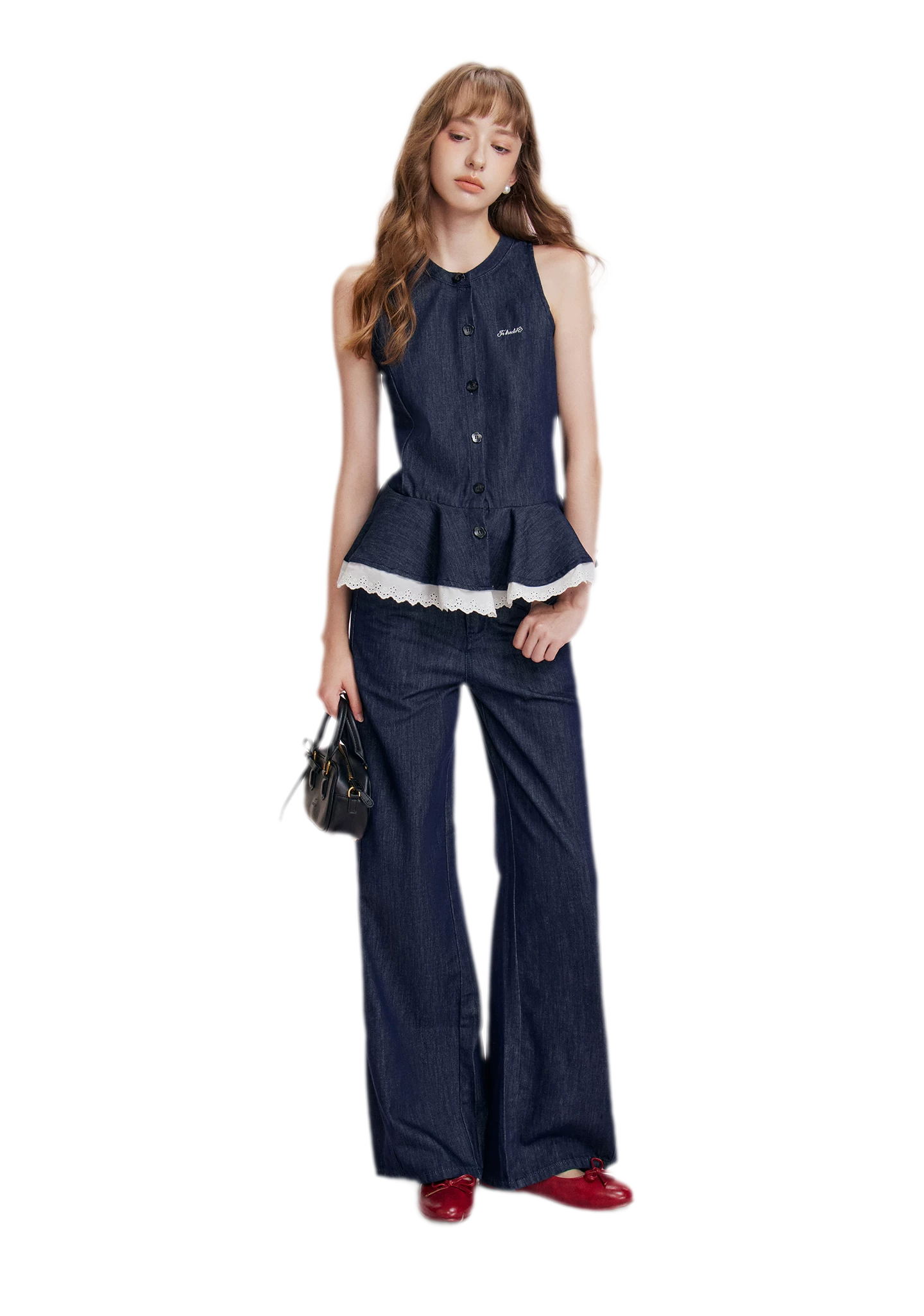 Lace Trim Peplum Denim Set