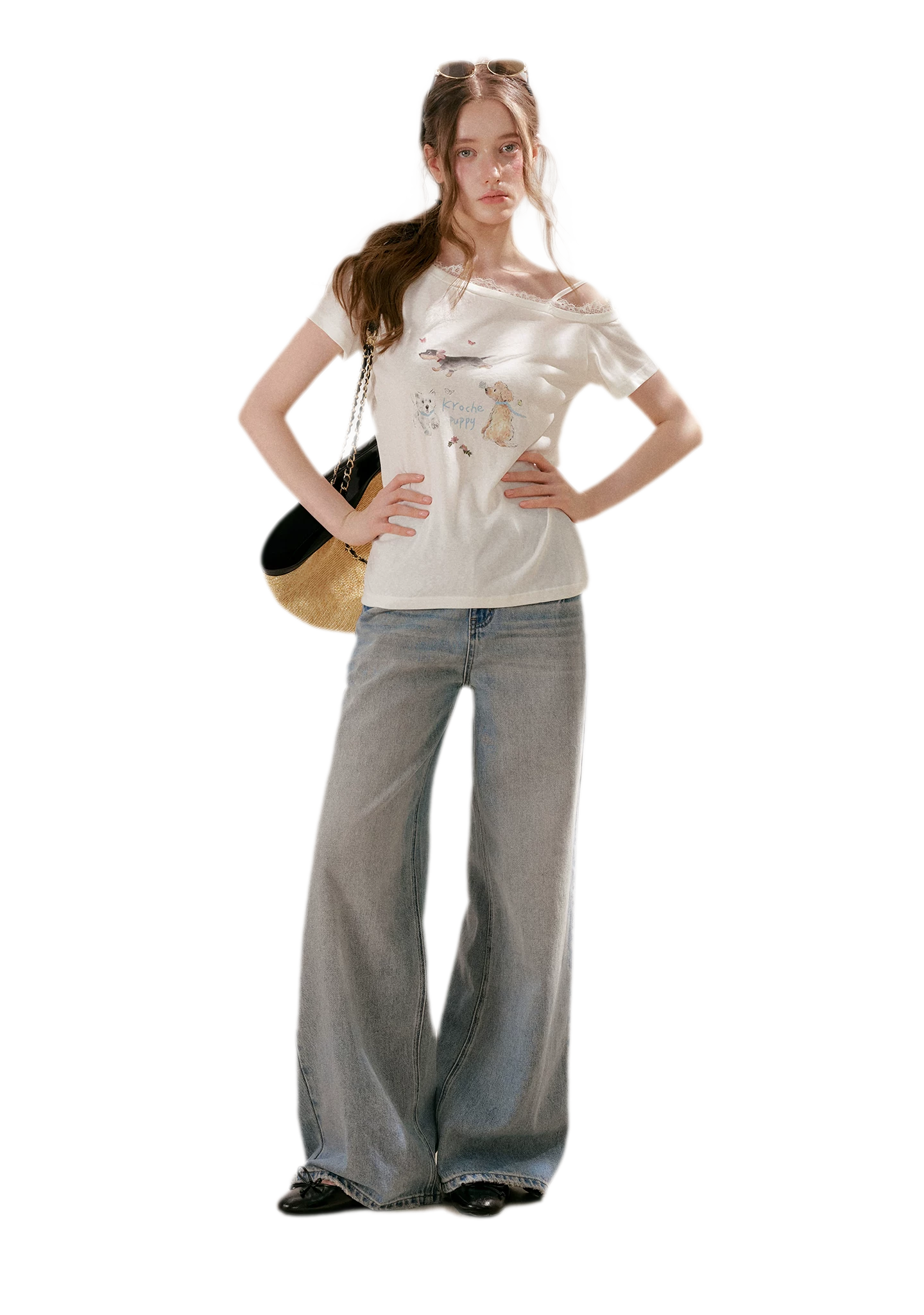 Tencel Cotton French Lace Puppy Print Asymmetric T-Shirt