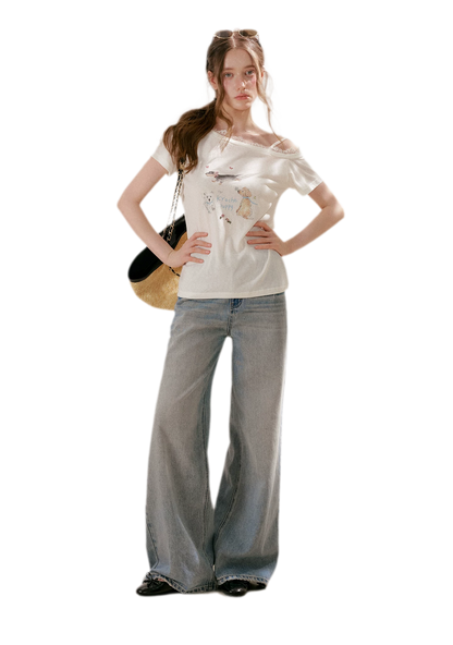 Tencel Cotton French Lace Puppy Print Asymmetric T-Shirt