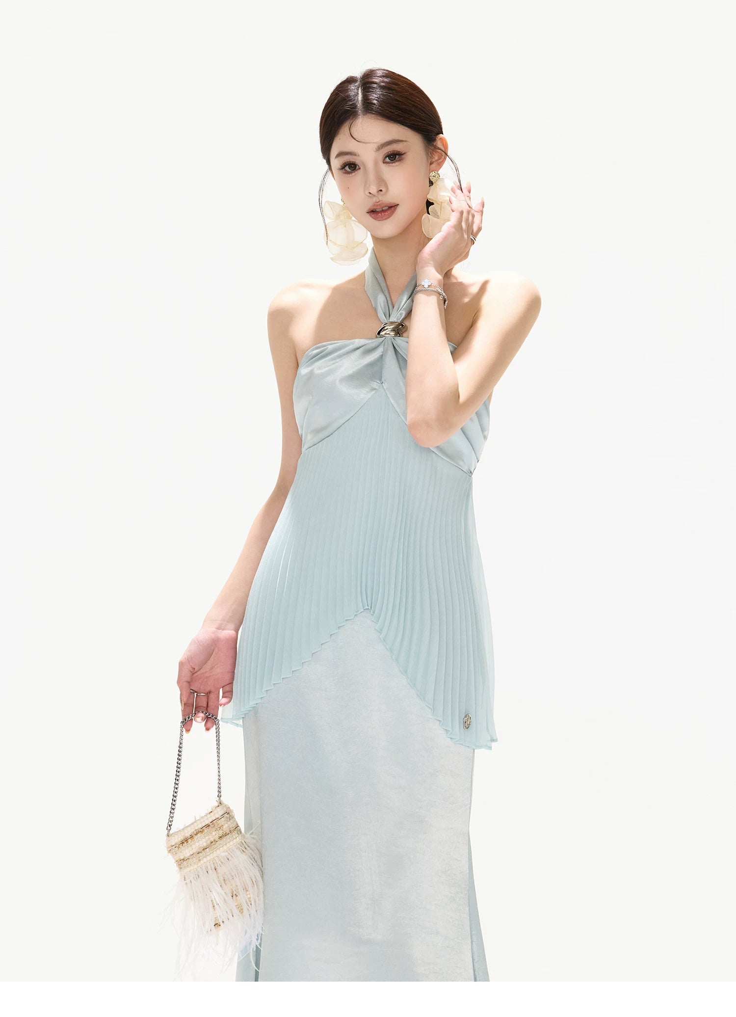 cynr Misty Blue Pleated Halter Satin Long Dress CHINASQUAD cynr Misty Blue Pleated Halter Satin Long Dress CHINASQUAD