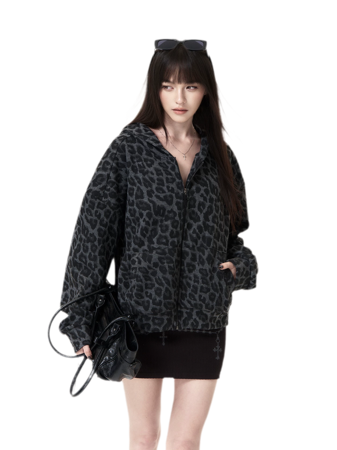 Brushed Leopard Hooded Sweatshirt Jacket