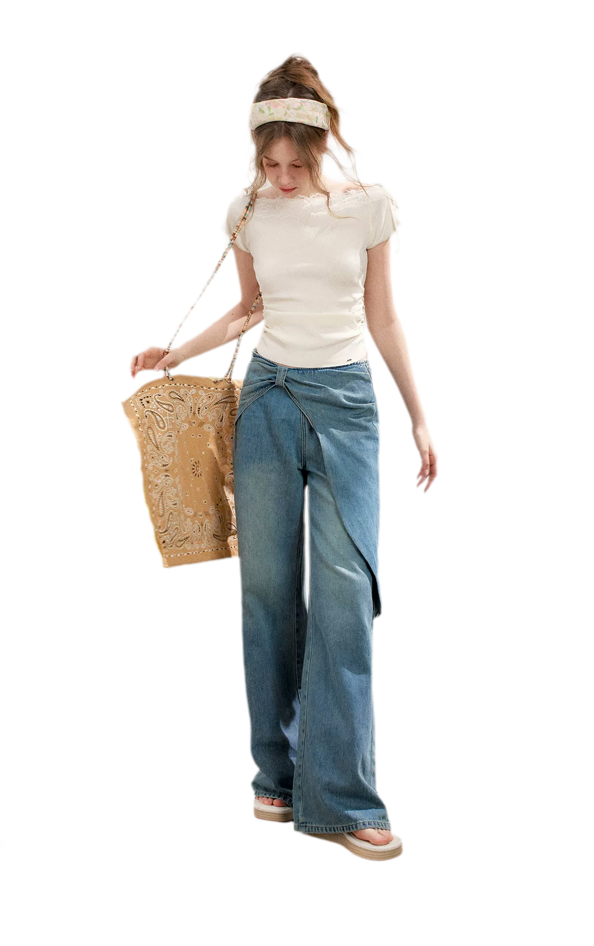 Soft Cotton Wide-Leg Jeans with Bow Detail