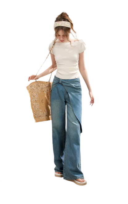 Soft Cotton Wide-Leg Jeans with Bow Detail