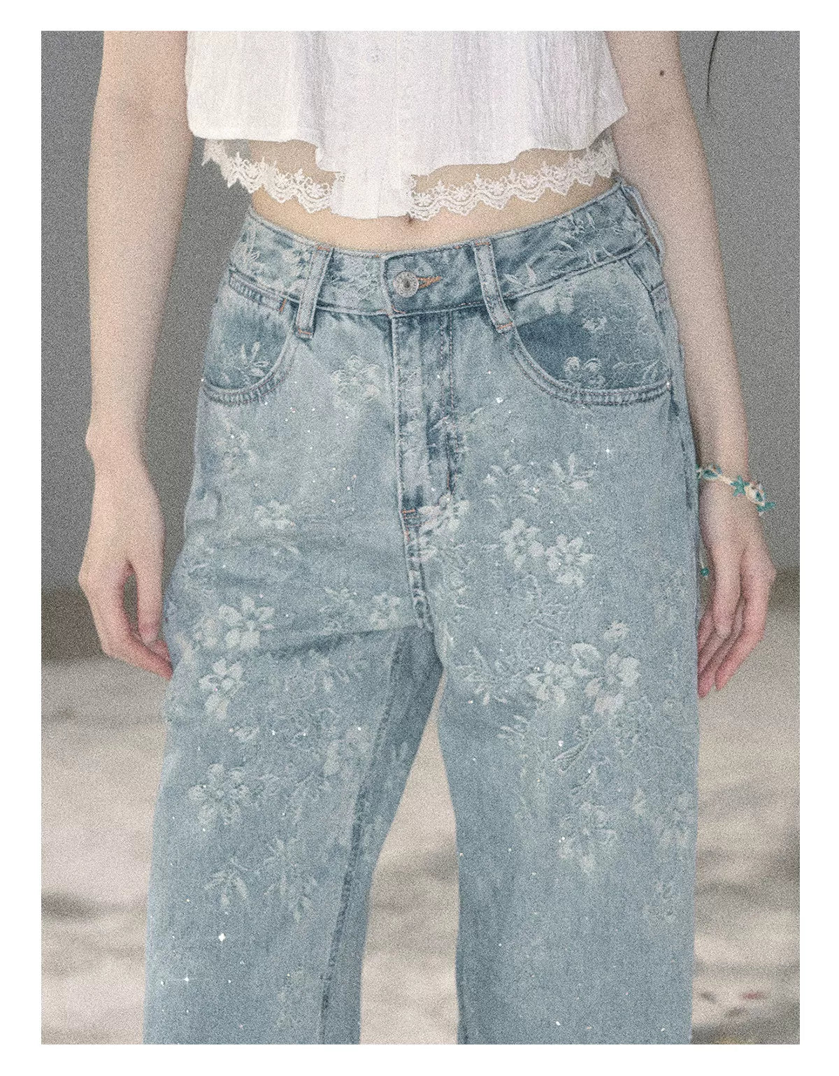 American Style Rhinestone Floral Denim Pants