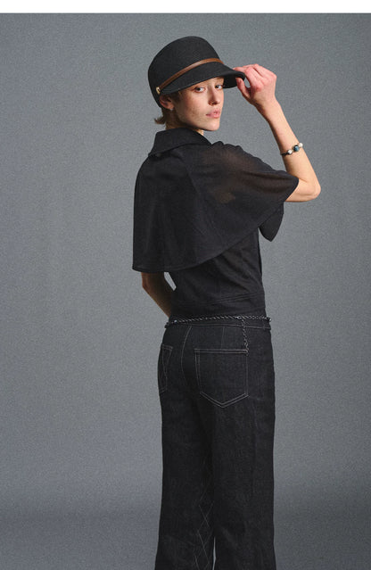 Detachable Cape Chiffon Blouse with Lace Detail