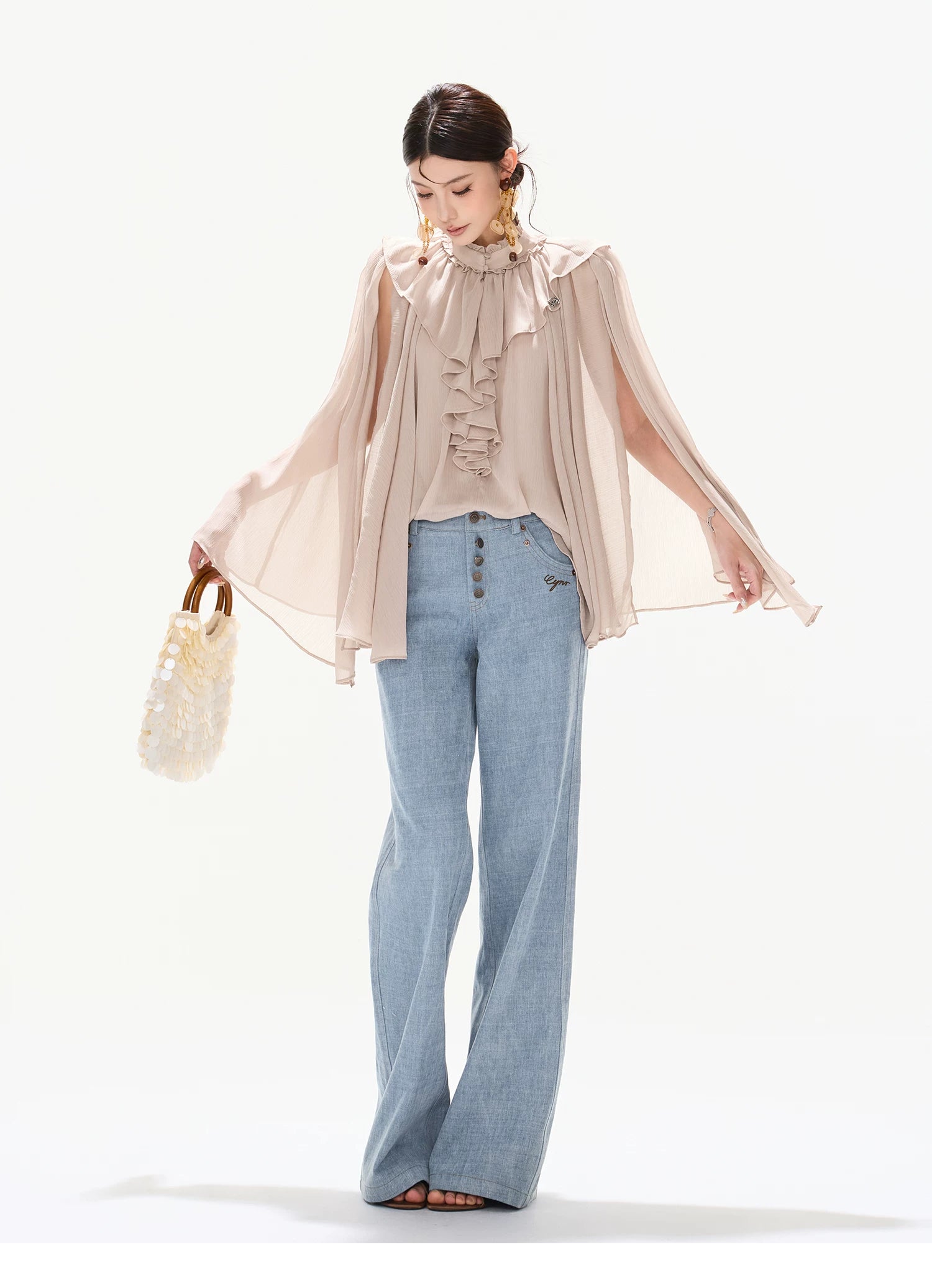 90s Vintage Washed Metal Button Wide-Leg Denim Pants