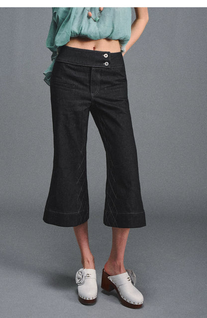 Retro Flare Cropped Jeans with Wide Waistband