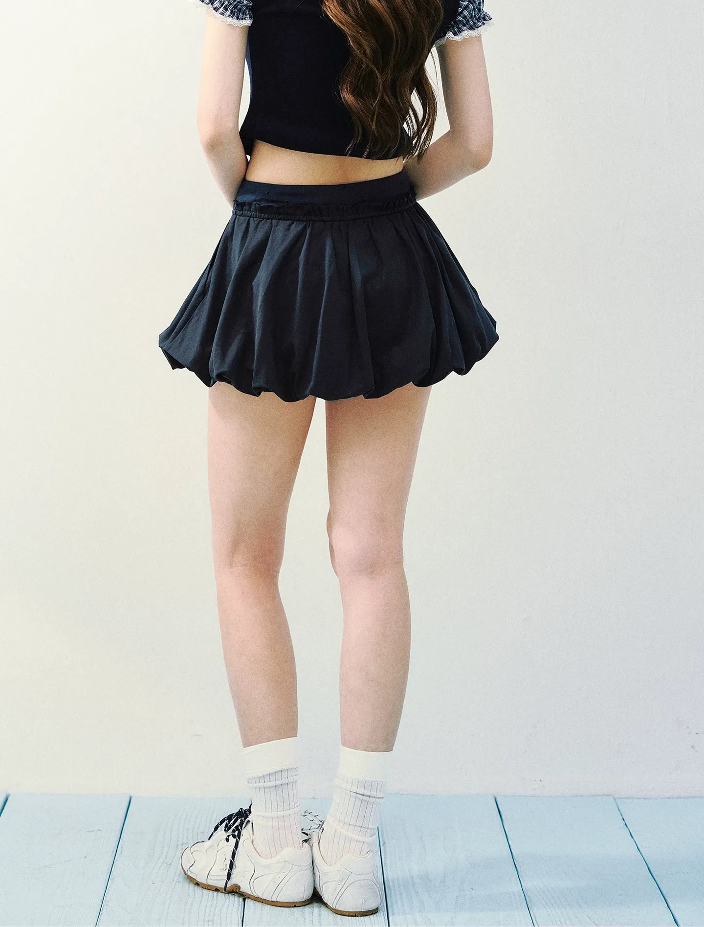 Navy Petal Pleated Skirt