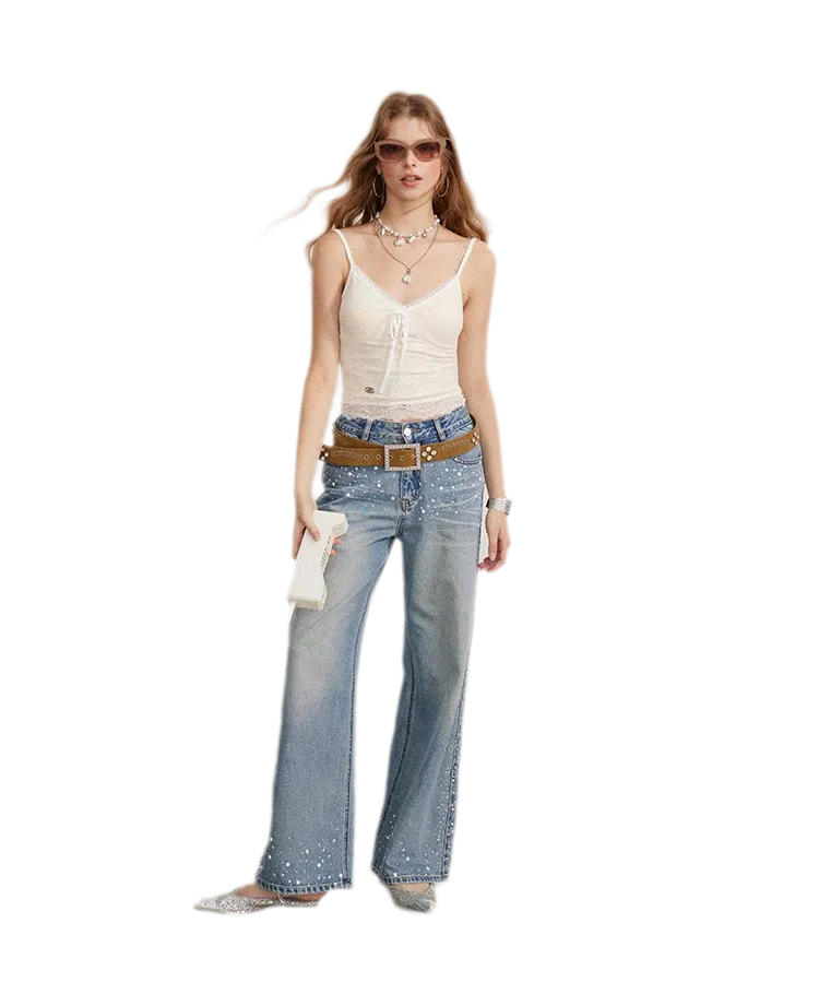 Rhinestone Pearl Wide-Leg Jeans