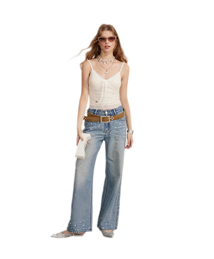 Rhinestone Pearl Wide-Leg Jeans