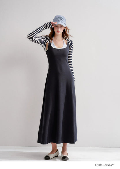 Contrast Color U-Neck Halter Knit Long Dress