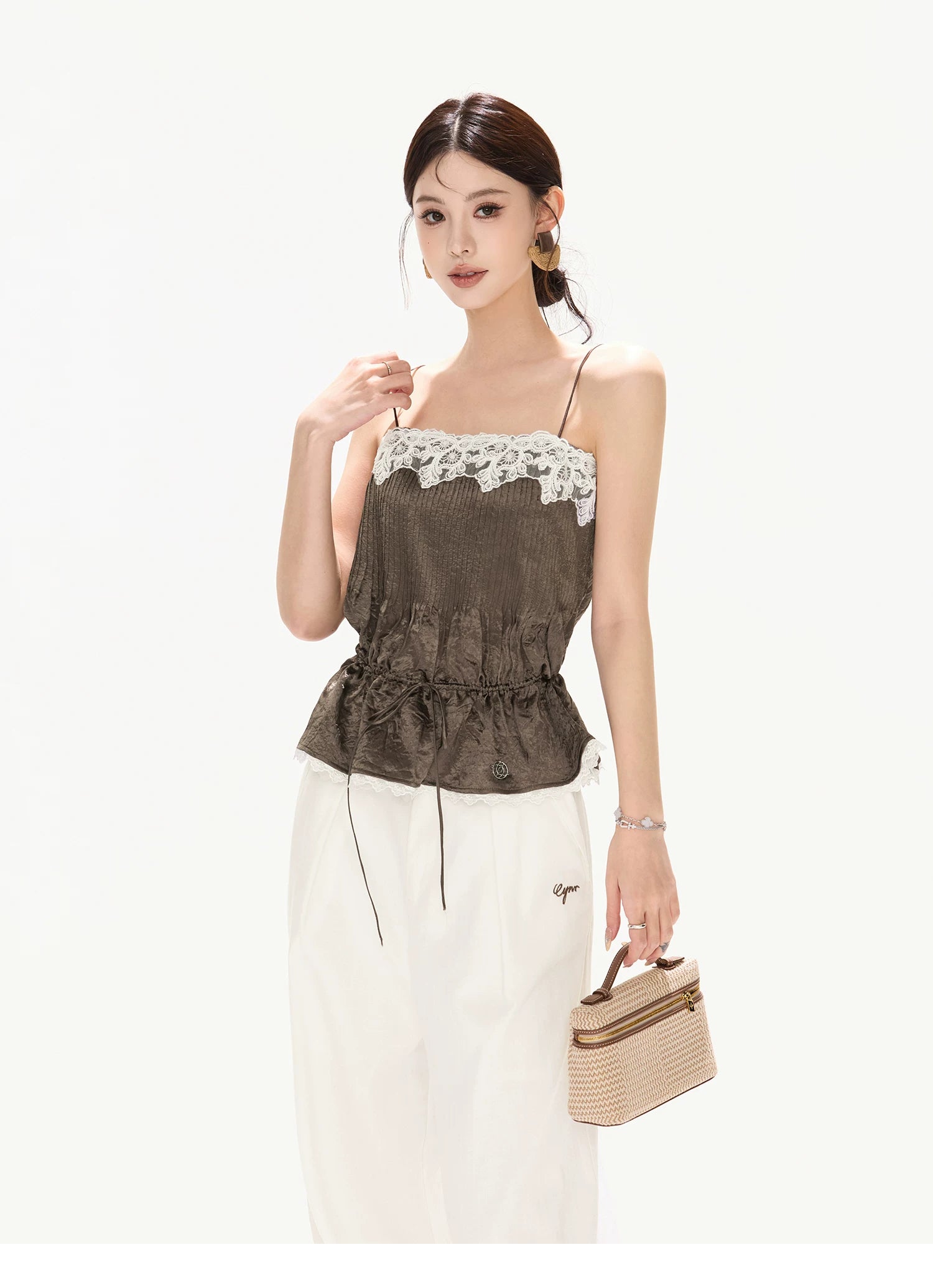 South France Holiday Contrast Lace Trim Ruffle Camisole
