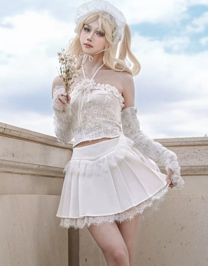 Lace Trim Cropped Pleated Skirt
