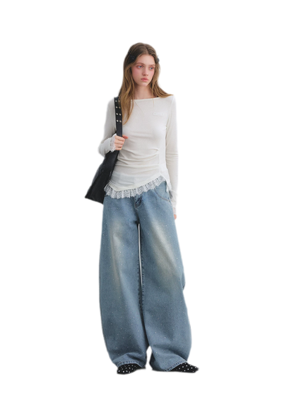 Lace Panel Ruched Hem Top