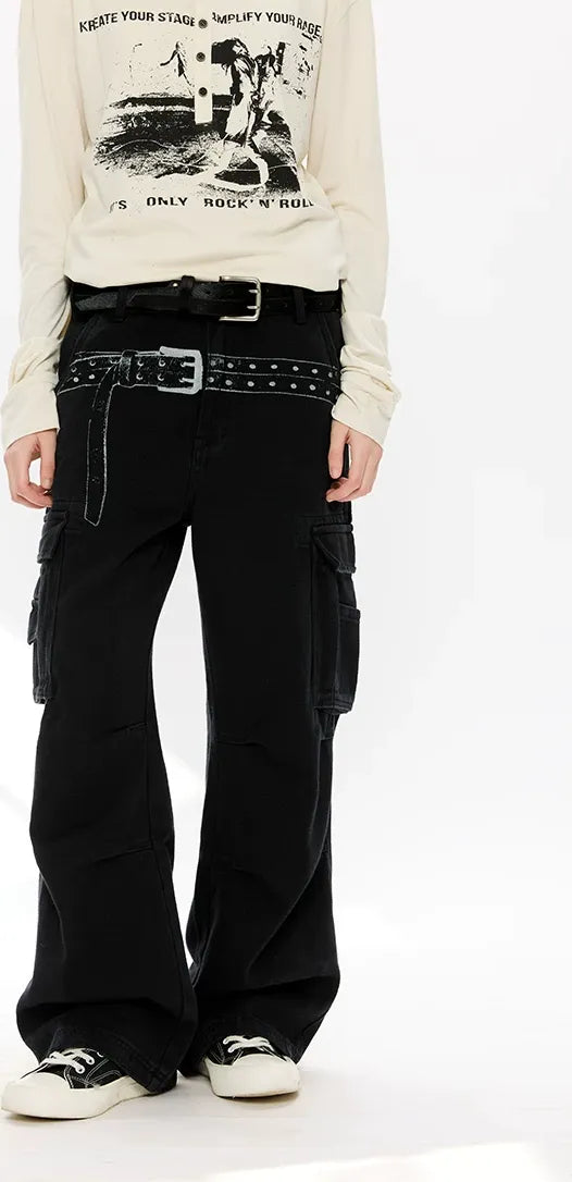 Washed Distressed Wide-Leg Cargo Pants