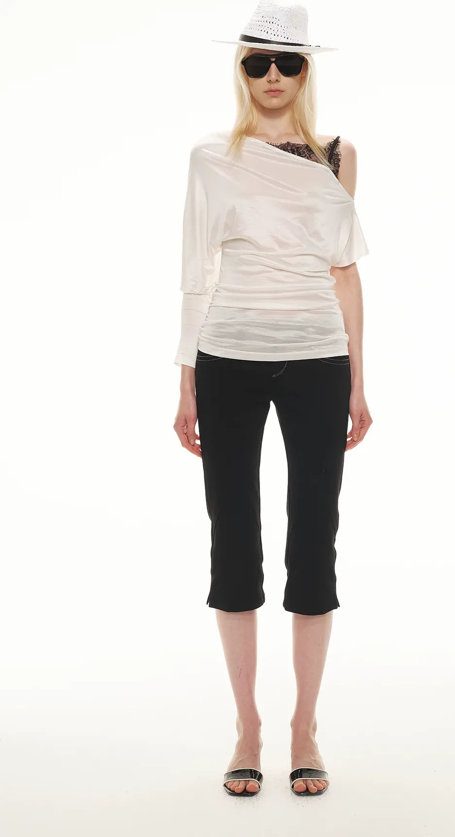 Silky Satin Texture Asymmetric Off-Shoulder Lace Trim T-Shirt