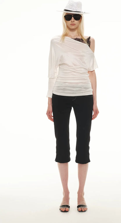 Silky Satin Texture Asymmetric Off-Shoulder Lace Trim T-Shirt