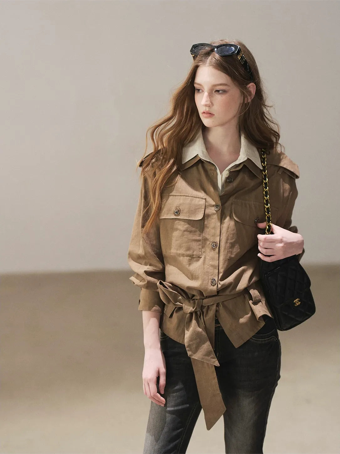 Cotton Linen Cinched Workwear Shirt