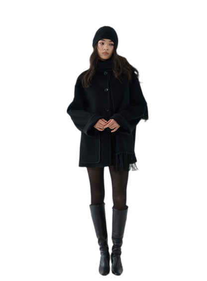 Double-Faced Wool Fringe Cape Coat