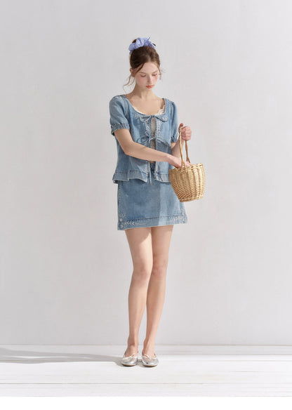 Floral Embroidered Tie Denim Top &amp; Skort Set