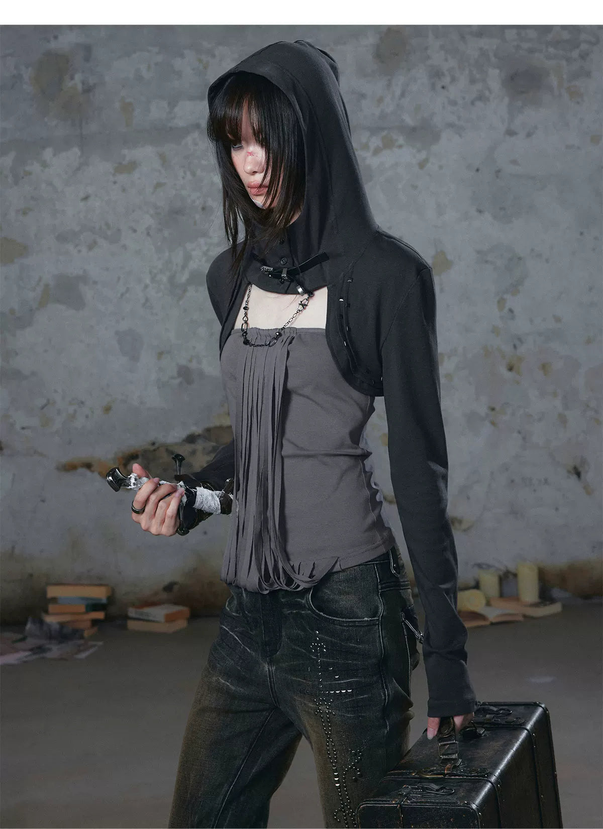 Distressed Hooded Knit Bustier Top