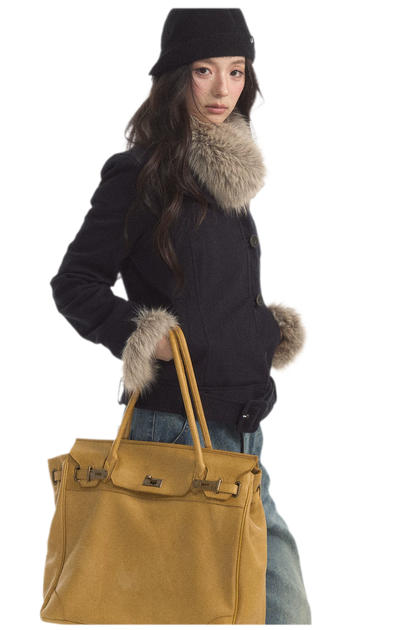 Detachable Fur Collar Twill Coat