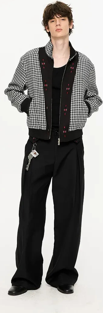 Pleated Houndstooth Wide-Leg Trousers