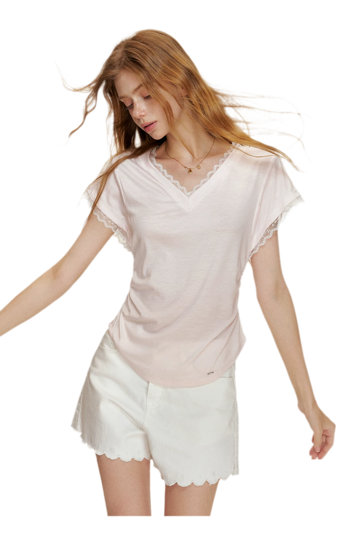 Tencel Lace Trim Loose Short Sleeve T-Shirt