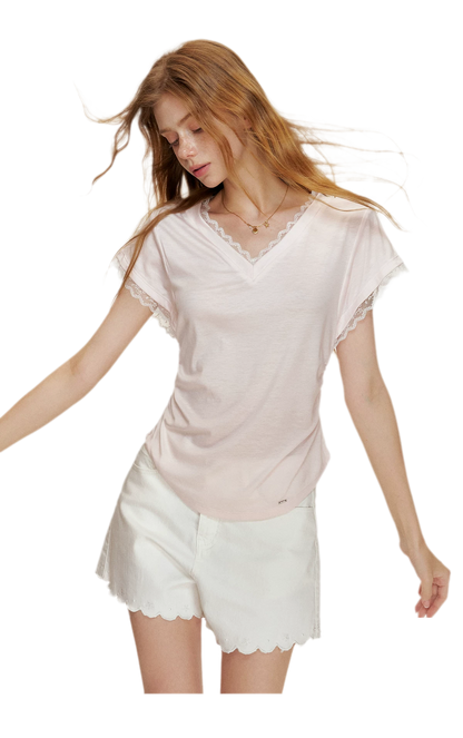 Tencel Lace Trim Loose Short Sleeve T-Shirt