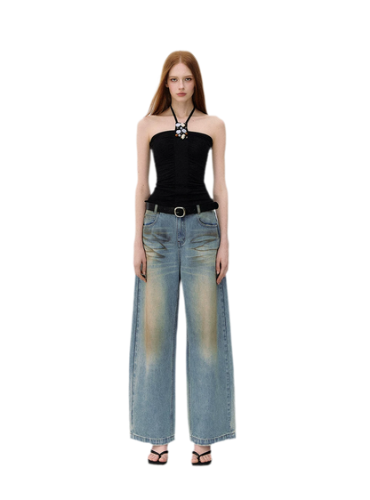 Denim Halter Top and Wide-Leg Jeans Set