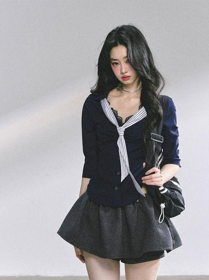 細條紋蕾絲 Polo 衫