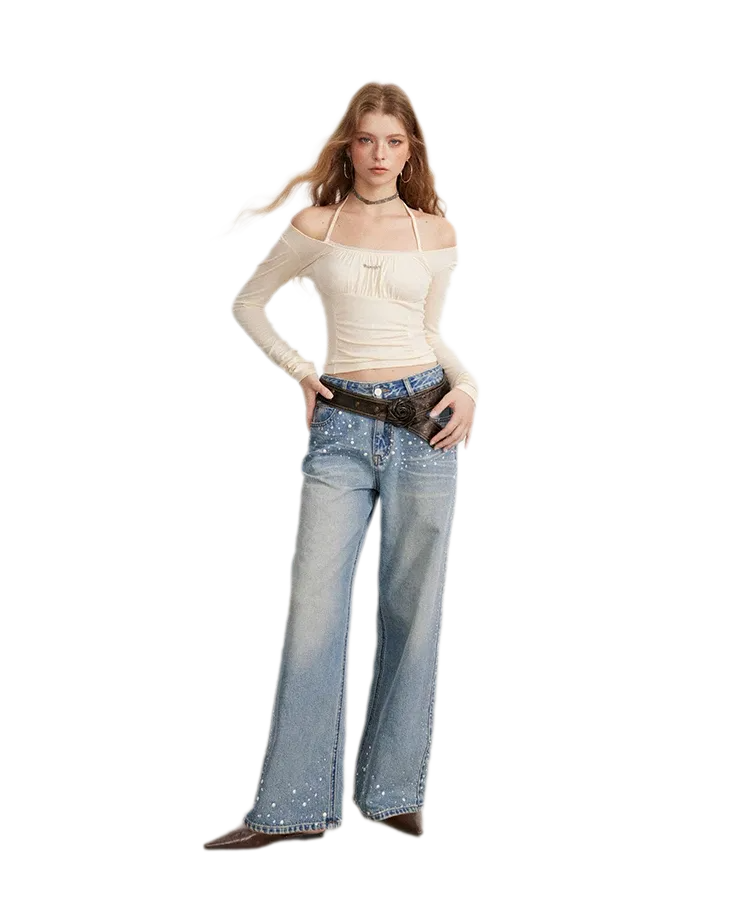 Ruching Lace Trim Long-Sleeve Top