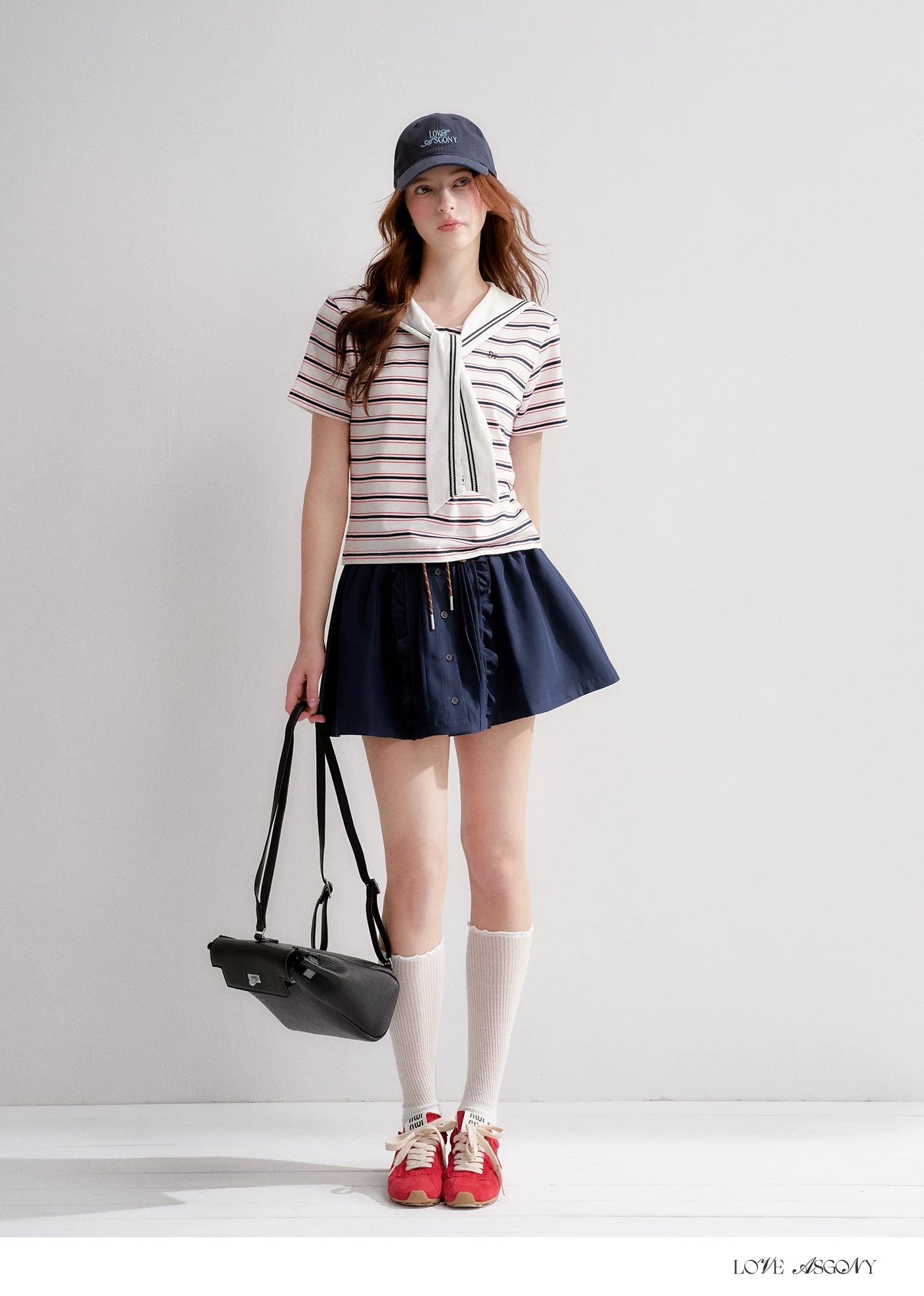 Navy Sailor Collar Tie-Striped Short T-shirt