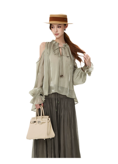 Shimmering Ruffle Cold-Shoulder Blouse