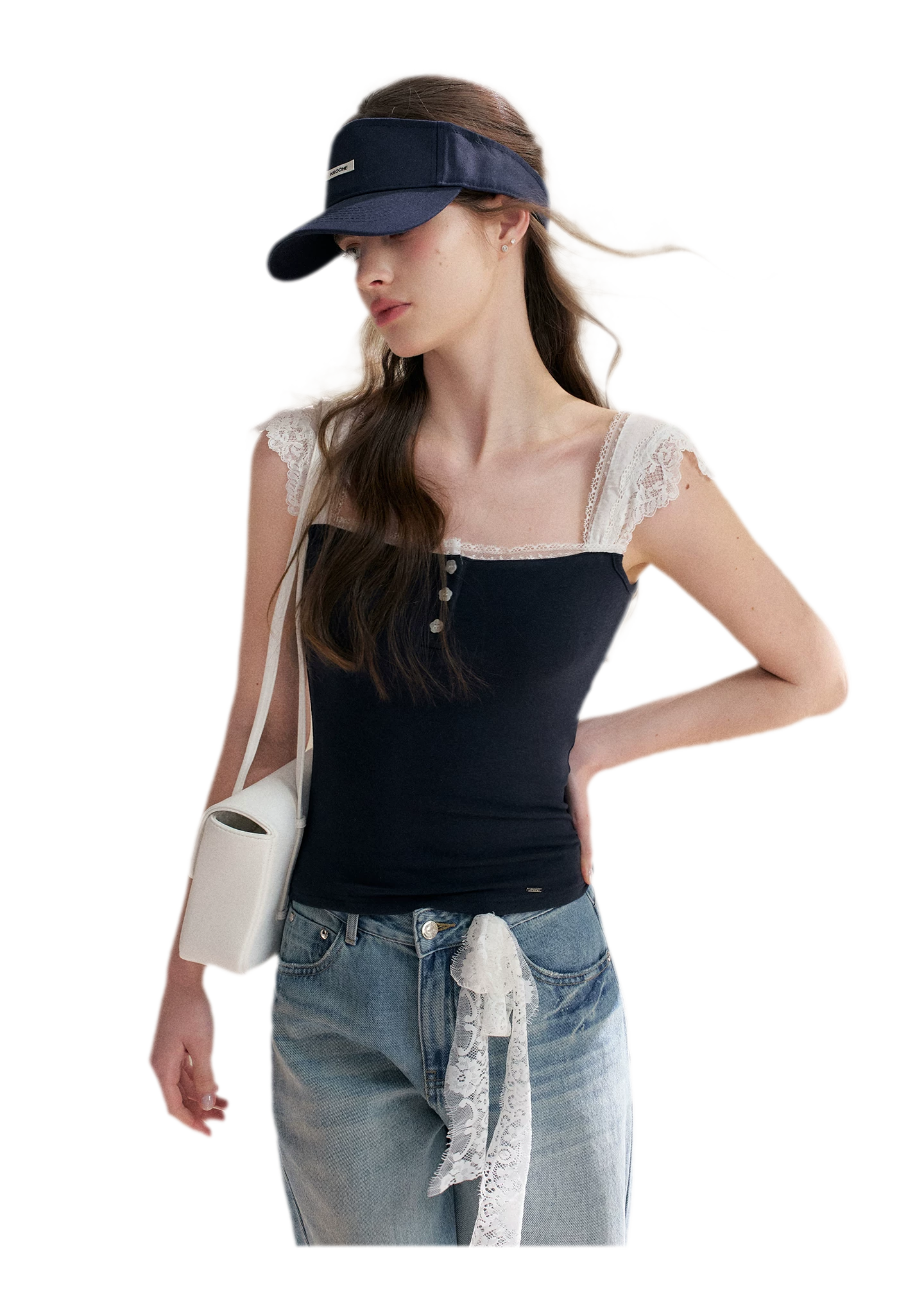Lace Edge Wide Strap Knit T-Shirt